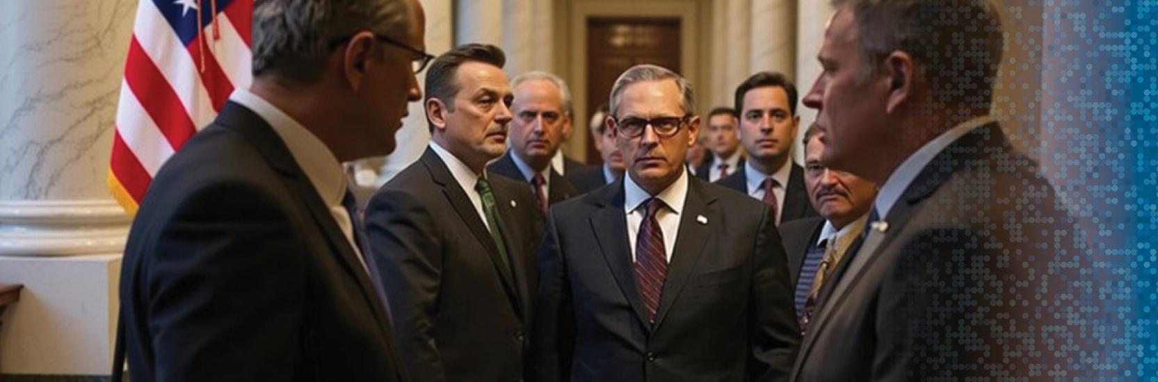 Group of business men standing around talking